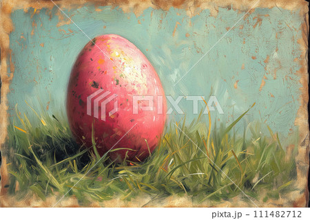 Awaiting Easter's Touch, a Solitary Egg Shimmers, Set Against the Lush Green of Renewal, Watercolor Style 111482712