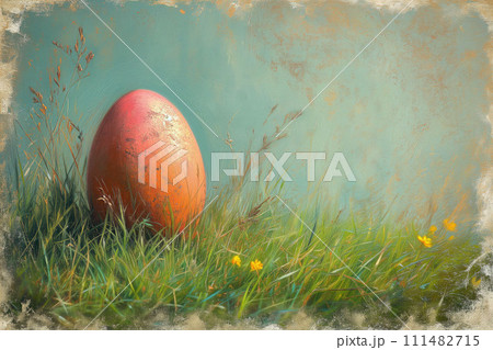 Awaiting Easter's Touch, a Solitary Egg Shimmers, Set Against the Lush Green of Renewal, Watercolor Style 111482715