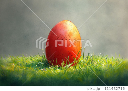 Awaiting Easter's Touch, a Solitary Egg Shimmers, Set Against the Lush Green of Renewal, Watercolor Style 111482716
