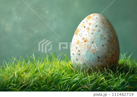 Awaiting Easter's Touch, a Solitary Egg Shimmers, Set Against the Lush Green of Renewal, Watercolor Style 111482719