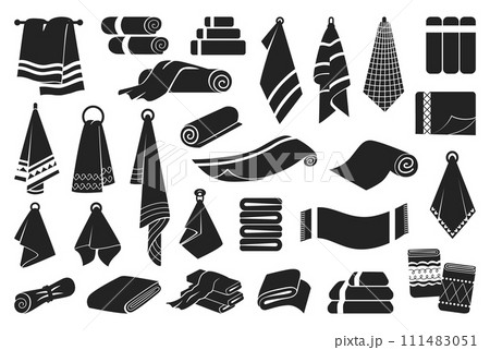 Black towels icons. Towel for bathroom and kitchen. Household fabric accessories in roll, pile and on wall. Tissue neoteric vector silhouettes Black towels icons. Towel for bathroom and kitchen. Household fabric accessories in roll, pile and on wall. Tissue neoteric vector silhouettes 111483051