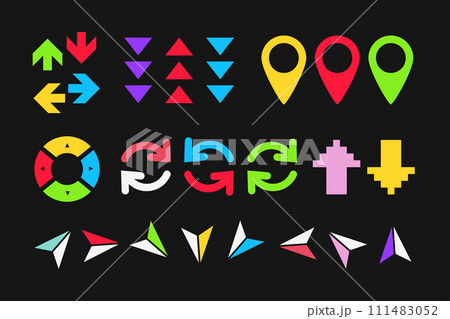 Color navigation elements. Pins and arrows. Vector illustration Color navigation elements. Pins and arrows. Vector illustration 111483052