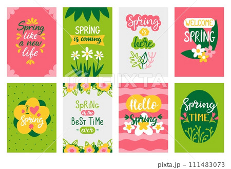 Hello spring cards. Springtime season banners or flyers collection with handwritten positive phrases. Decorative posters, neoteric vector templates Hello spring cards. Springtime season banners or flyers collection with handwritten positive phrases. Decorative posters, neoteric vector templates 111483073
