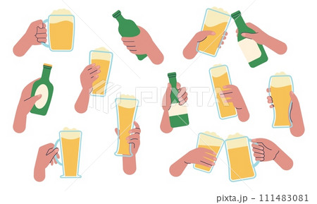 Hands with beer. People drink from different glasses and bottles. Meeting in pub or brewery bar. Weekend party, friends clink glass, decent vector set 111483081