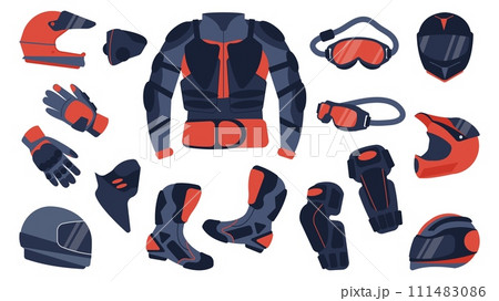 Moto accessories and clothes. Safety elements for motocross sport, bike rider. Isolated helmets, glasses, boots, jacket. Flat decent vector symbols 111483086