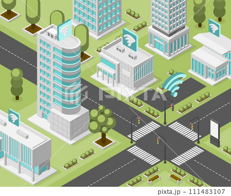 Digital city isometric with free internet in different areas. Wifi in buildings and parks, on street. Technology town, modern urban flawless vector concept 111483107