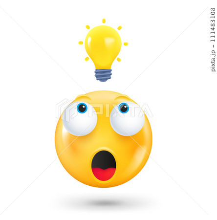 Yellow cute emoji face with lightbulb. Inspiration concept. 3d vector illustration 111483108