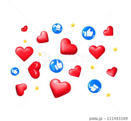 Flying red hearts and thumbs up symbols isolated on white background. 3d vector illustration 111483109