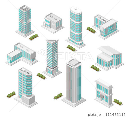 Isometric urban city buildings. Isolated skyscrapers, modern apartment building and private houses. Social and public architecture, flawless vector clipart Isometric urban city buildings. Isolated skyscrapers, modern apartment building and private houses. Social and public architecture, flawless vector clipart 111483113
