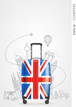 Color plastic travel bag with Great Britain flag and famous world sights. 3d vector illustration with copy space 111483181