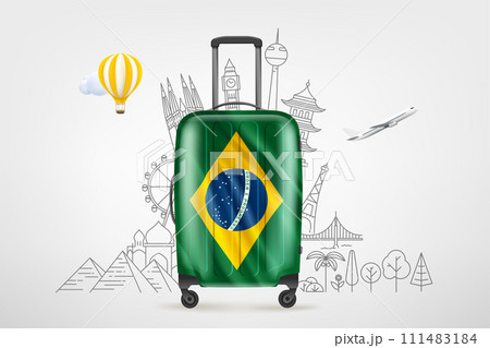 Plastic travel bag with flag of Brazil and famous world sights. 3d vector concept Plastic travel bag with flag of Brazil and famous world sights. 3d vector concept 111483184