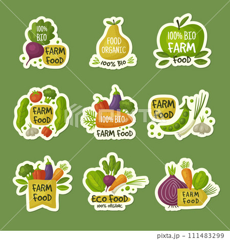 Farm food logo. Eco products badges green organic fruits and vegetables stylized symbols recent vector healthy food 111483299