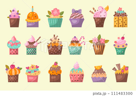Cupcakes. Tasty bakery dessert recent vector illustrations of different muffins Cupcakes. Tasty bakery dessert recent vector illustrations of different muffins 111483300