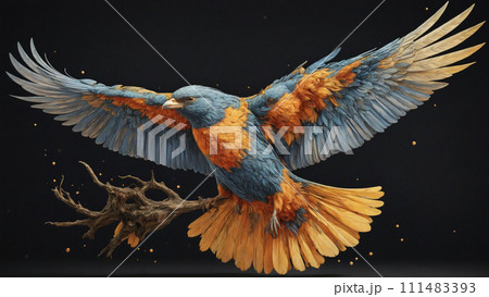Very colorful and detailed illustration of a decorated bird spreading its wings while flying 111483393