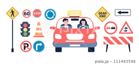 Traffic road signs. Driving school elements, young drive female student in car with instructor. Rules symbols, traffic light and renovation sign, vector set 111483598