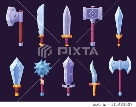 Medieval cartoon weapon. Swords and knife, sabre, axe and hammer. Old style game icons, iron weapons with shine blade. Nowaday vector clipart 111483607