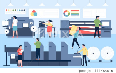 Printing house working process. Polygraphy production, people work with typography equipment, printing and prepress. Recent vector print shop scene Printing house working process. Polygraphy production, people work with typography equipment, printing and prepress. Recent vector print shop scene 111483616
