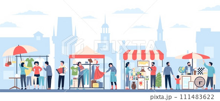 Garage sale event. Urban outdoor flea market. People sell used different things, furniture and home accessories. Seller and customer, recent vector scene Garage sale event. Urban outdoor flea market. People sell used different things, furniture and home accessories. Seller and customer, recent vector scene 111483622