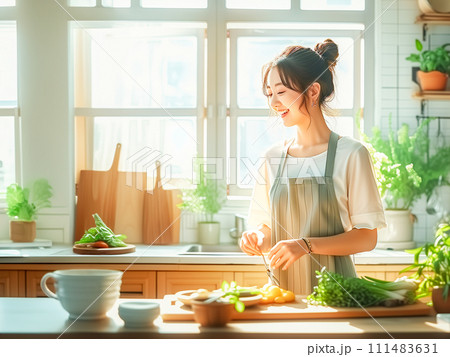 キッチンで料理をする女性 キッチンで料理をする女性 111483631