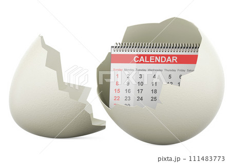 Desk calendar inside broken chicken egg, 3D rendering Desk calendar inside broken chicken egg, 3D rendering 111483773