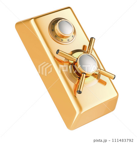 Golden ingot with safe combination lock and metal handle safe. Protection and security, concept. 3D rendering Golden ingot with safe combination lock and metal handle safe. Protection and security, concept. 3D rendering 111483792
