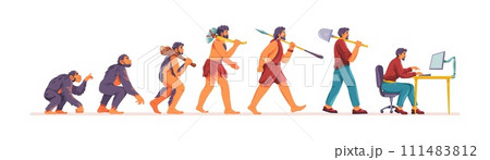 Businessman evolution stages. Human ancestor darwin theory, monkey evolve to ancient man and wealthy capitalist computer worker, history mankind progress recent vector illustration 111483812