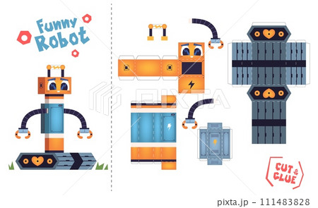 Paper robot diy. Robotic craft cut model template for kindergarten preschool activity, kid education fun puzzle game learning make toy on birthday party, classy vector illustration Paper robot diy. Robotic craft cut model template for kindergarten preschool activity, kid education fun puzzle game learning make toy on birthday party, classy vector illustration 111483828