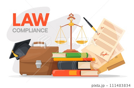 Law compliance. Regulatory compliant concept, legal finance attorney advice government legislation standard procedures, business company or court policies, neat vector illustration 111483834