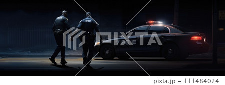 AI-generated content. Two Police Officers Standing Next to a Police Car. Generative AI. 111484024