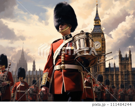 AI-generated content. Group of Men in Uniform Standing in Front of Clock Tower. Generative AI. 111484244