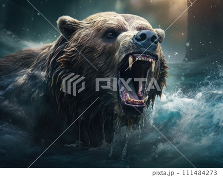 AI-generated content. Open-mouthed Bear in the Water. Generative AI. 111484273