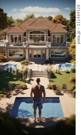 AI-generated content. Man Standing in Front of a Grand Mansion. Generative AI. 111484528