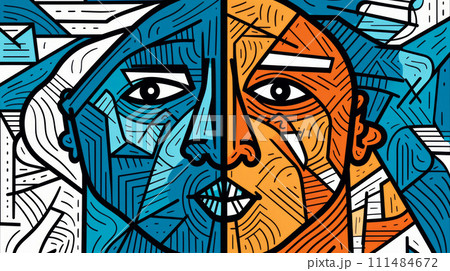 Abstract illustration, facial mosaic of split face in vibrant contrasting blue and orange hues. Contrasting colors represent duality within oneself, bipolar disorder, conscious and subconscious. Abstract illustration, facial mosaic of split face in vibrant contrasting blue and orange hues. Contrasting colors represent duality within oneself, bipolar disorder, conscious and subconscious. 111484672