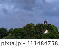 Idyllic village scene with a church tower rising above lush green trees against dramatic overcast sky. Contrast between darkened sky and natural greenery creates a tranquil yet moody atmosphere. 111484758