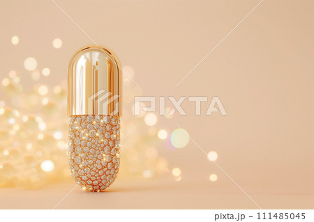 Golden capsule pill with diamonds. Expensive treatment concept, expensive medicine, medications, premium luxury healthcare. Rising drug prices. The best supplements, vitamins, essential microelements 111485045