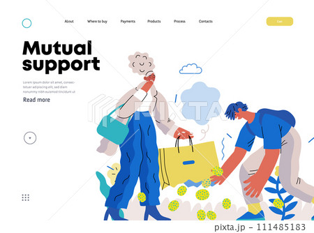 Mutual Support: Pick up fallen item -modern flat vector concept illustration of man collecting fruits that fell from woman's bag A metaphor of voluntary, collaborative exchanges of resource, services Mutual Support: Pick up fallen item -modern flat vector concept illustration of man collecting fruits that fell from woman's bag A metaphor of voluntary, collaborative exchanges of resource, services 111485183
