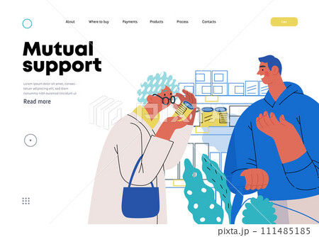 Mutual Support: Helping a visually impaired person -modern flat vector concept illustration of man offering to read label for woman in supermarket A metaphor of voluntary, collaborative exchanges 111485185