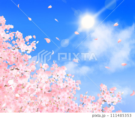 美しく華やかな桜の花と花びら舞い散る春の爽やか青空に光差し込む雲のフレーム背景ベクター素材イラスト 美しく華やかな桜の花と花びら舞い散る春の爽やか青空に光差し込む雲のフレーム背景ベクター素材イラスト 111485353