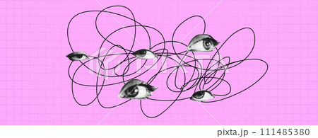 Pink Plaid background with tangled line and halftone effect eyes. Bright teenage concept. Vector modern girly trendy illustration 111485380