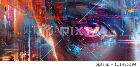 Human eye in world of digital data, abstract network information background, banner with computer technology theme. Concept of ai, cyber security, future, spy, hacker, hack, art 111485394