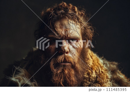 Neanderthal man in cave, portrait of bearded caveman on dark background, face of primitive human of prehistoric era. Concept of Homo Sapiens, ancient people, Stone Age 111485395