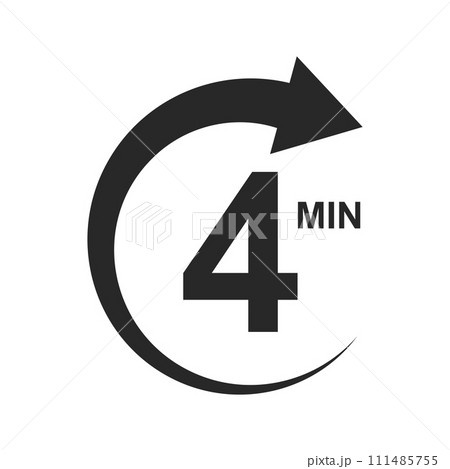 4 min countdown sign. Four minutes icon with round arrow. Stopwatch symbol. Sport or cooking timer isolated on white background. Delivery, deadline, duration pictogram 111485755