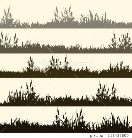 Meadow silhouettes with grass, plants on plain. Panoramic summer lawn landscape with herbs, various weeds. Herbal border, frame element. Brown horizontal banners. Vector illustration 111485809