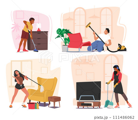 Joyful Tunes Fill The Air As People Sweep, Mop, And Vacuum, Transforming Homes Into Havens Of Cleanliness, Vector Set Joyful Tunes Fill The Air As People Sweep, Mop, And Vacuum, Transforming Homes Into Havens Of Cleanliness, Vector Set 111486062