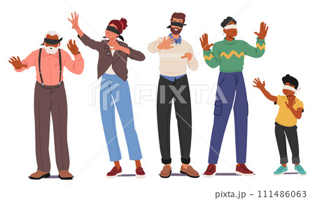 Blindfolded Characters Tentatively Reach Out, Guided By Touch Alone. Fingers Seeking Connection With Surroundings 111486063