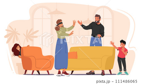 Joyful Laughter Echoes As Family Plays Hide-and-seek At Home. They Search For Each Other, Creating Cherished Moments 111486065