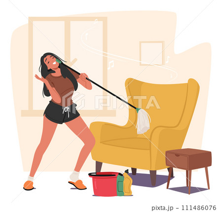 Woman Gracefully Dances With The Mop, Immersed In Soapy Rhythms. Water Swirled To Beats, Vector Illustration Woman Gracefully Dances With The Mop, Immersed In Soapy Rhythms. Water Swirled To Beats, Vector Illustration 111486076
