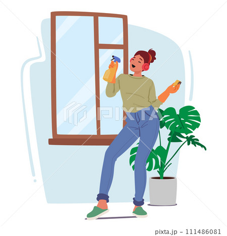 Graceful Woman Dances With A Cloth And Sprayer, Character Cleaning Windows To A Rhythmic Melody, Vector Illustration Graceful Woman Dances With A Cloth And Sprayer, Character Cleaning Windows To A Rhythmic Melody, Vector Illustration 111486081