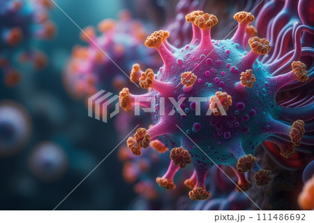AI-generated content. Illustration of Viruses Interacting with Human Cells 111486692