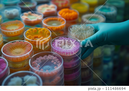 AI-generated content. Lab Technician Organizing Petri Dish Bacterial Cultures 111486694